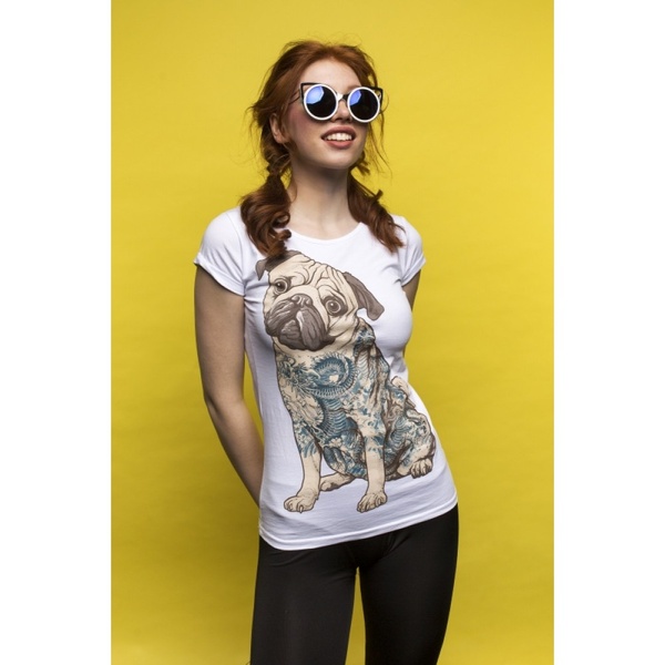 Белая женская футболка с мопсом (Tattoo Pug) XS